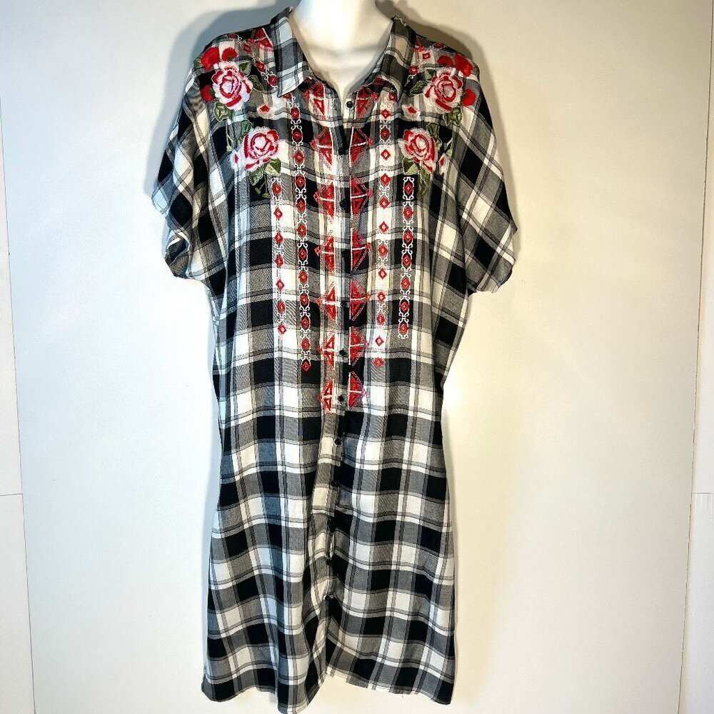 Andree By Unit SZ2X Black & White Plaid Embroidered Shirtdress Boho 70s Cottage